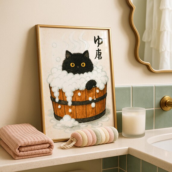 Black Cat In Bathtub Print Japanese Bathroom Wall Art Funny Prints Kawaii Lover Gifts