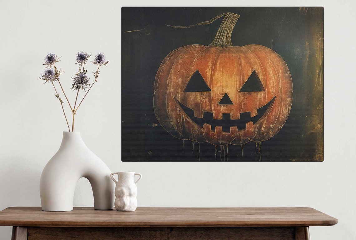 Moody Vintage Jack O Lantern Portrait Dark Crackled Halloween Poster - Image 4