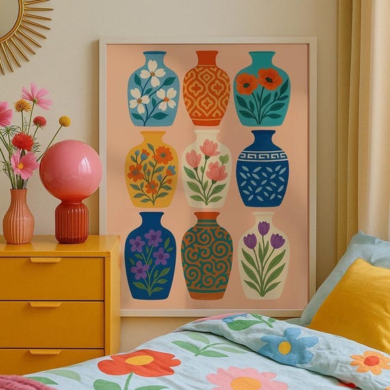 Floral Vase Wall Art Print Colorful Folk Home Decor Boho Modern Botanical Poster Mediterranean Kitchen