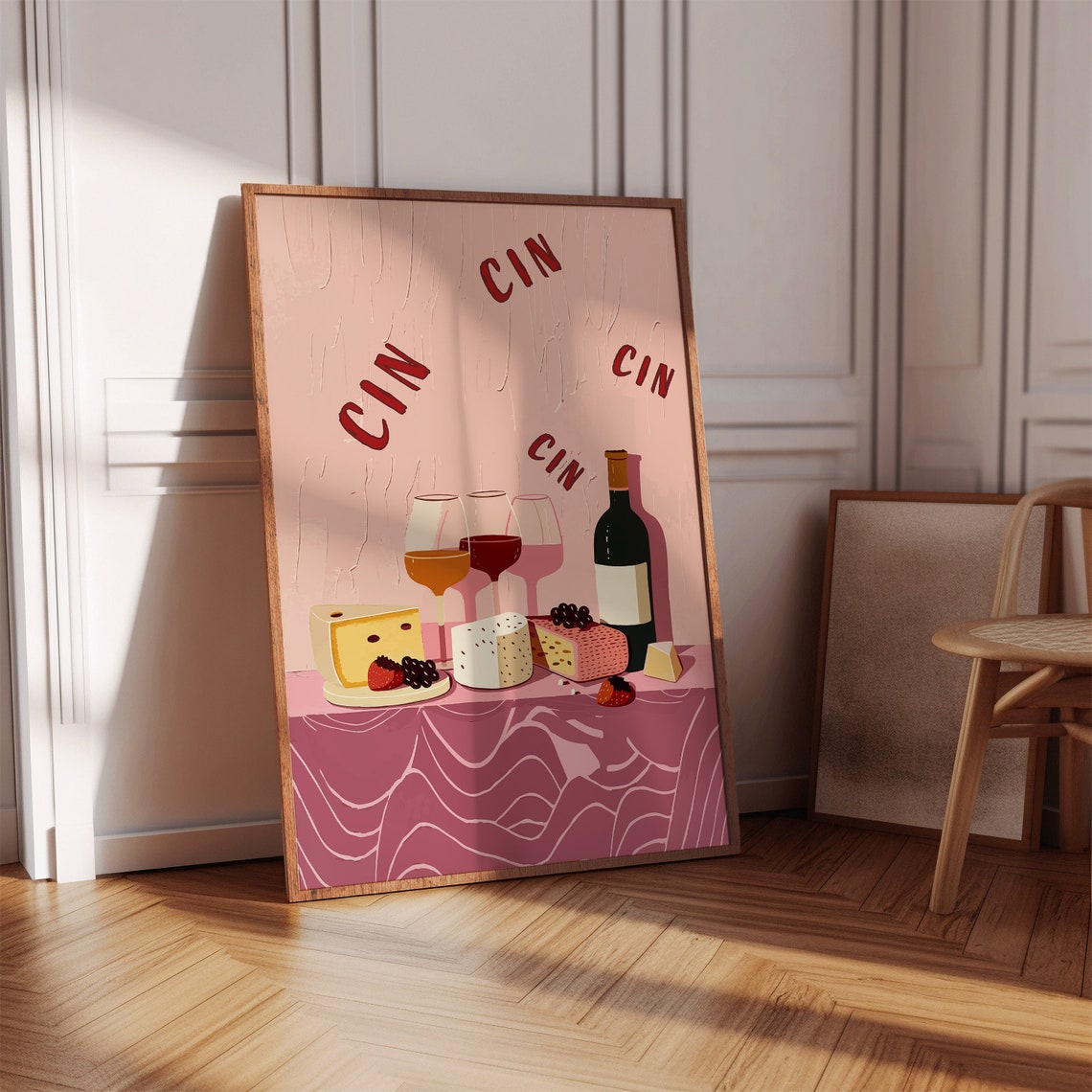 Cin Cin Wine Cheese Party Pink Illustration Kitchen Bar Fun Wall Art
