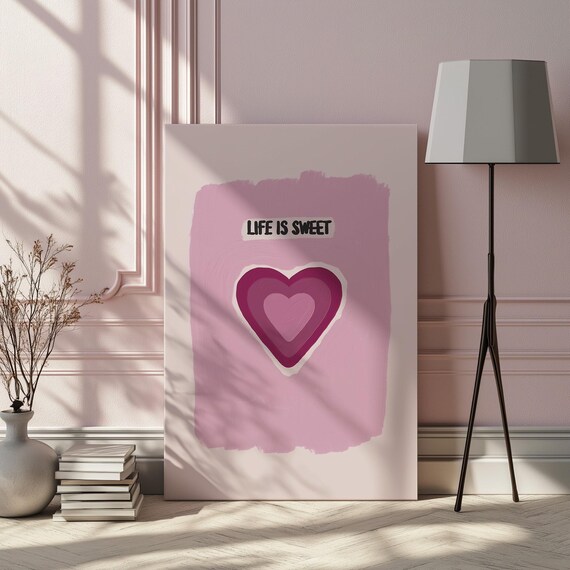 Life is Sweet Pink Heart Canvas Print Modern Positive Quote Decor