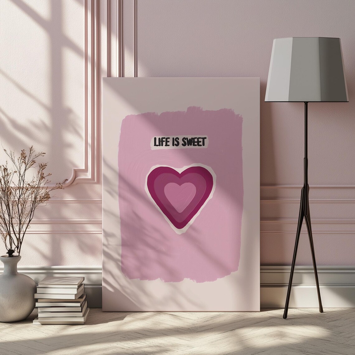 Life is Sweet Pink Heart Canvas Print Modern Positive Quote Decor