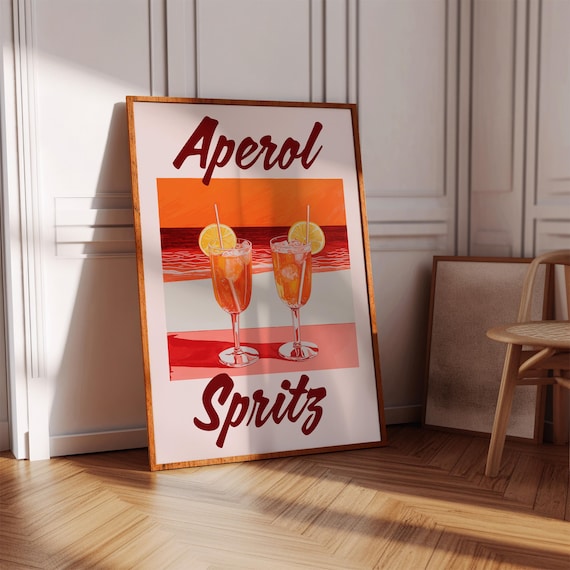 Aperol Spritz Typography Two Cocktail Glasses Sunset Retro Bar Poster