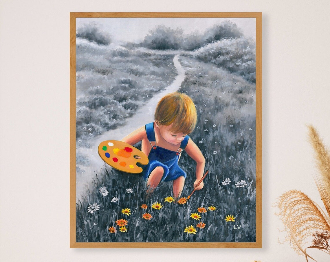 Happy Kids Painting Print Art Of Childhood Black And White Art Child Figurative Art Black And White Art Little Kids Playing Child Room Art - Image 6