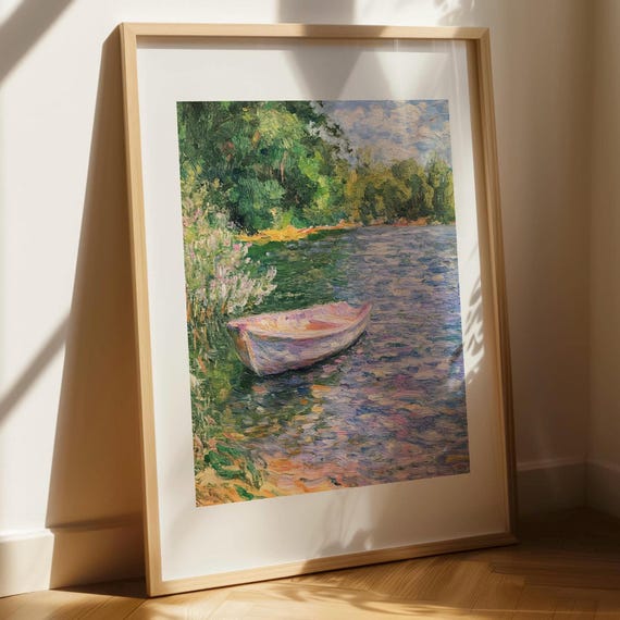Boat On Lake Impressionist Art Serene Nature Wall
