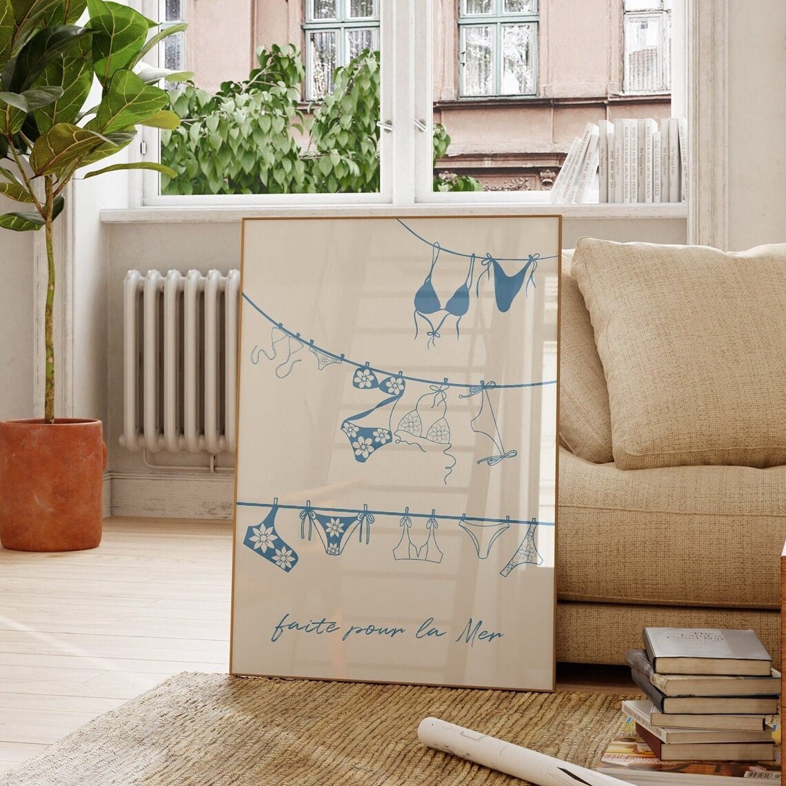 Faite Pour La Mer Blue Bikini Clothesline Coastal Style Poster - Image 2