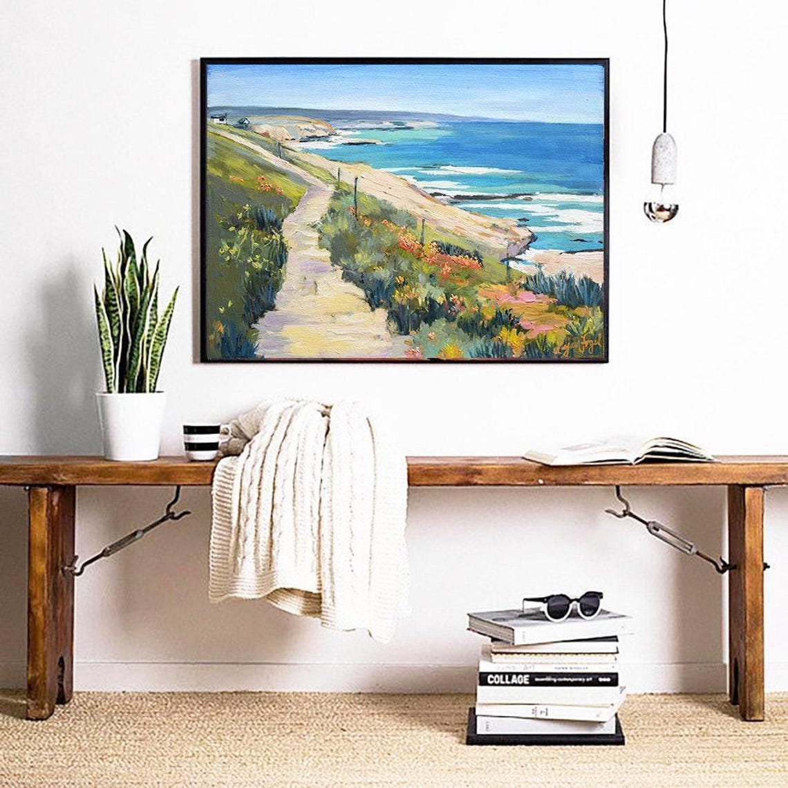 Cambria Coast Flower Trail Bluffs Blue Ocean Painting Poster - Image 3