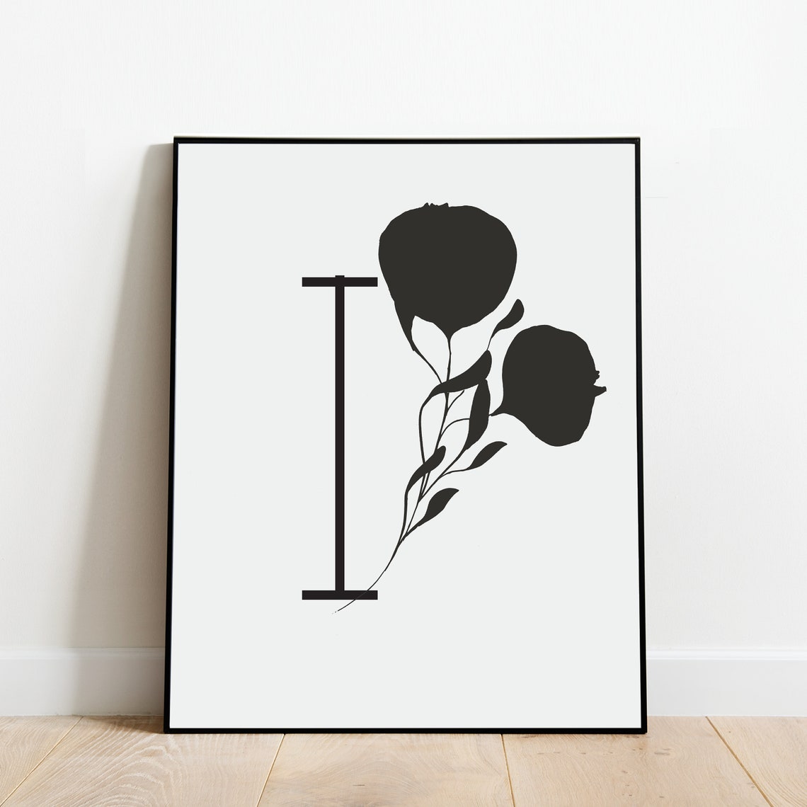 Letter I Floral Botanical Silhouette Monogram Alphabet Poster