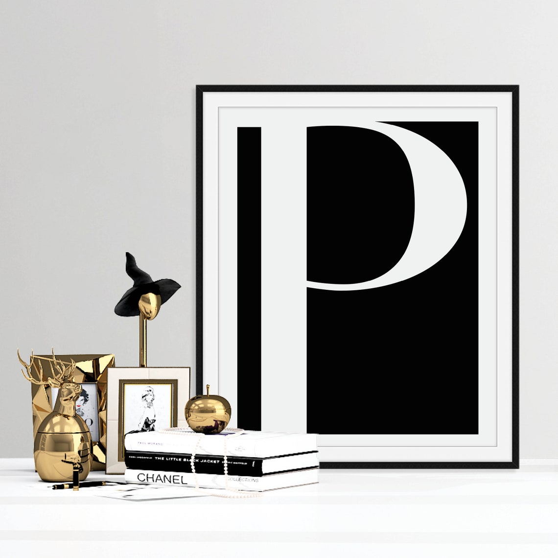Monochrome Alphabet Initial Letter Black White Serif Art Poster - Image 5