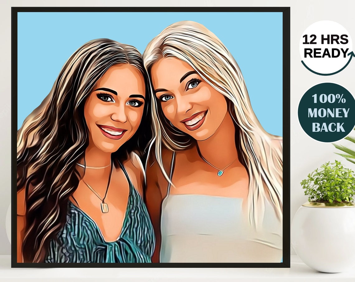 Two Smiling Sisters Cartoon Pop Art Friendship Portrait Poster