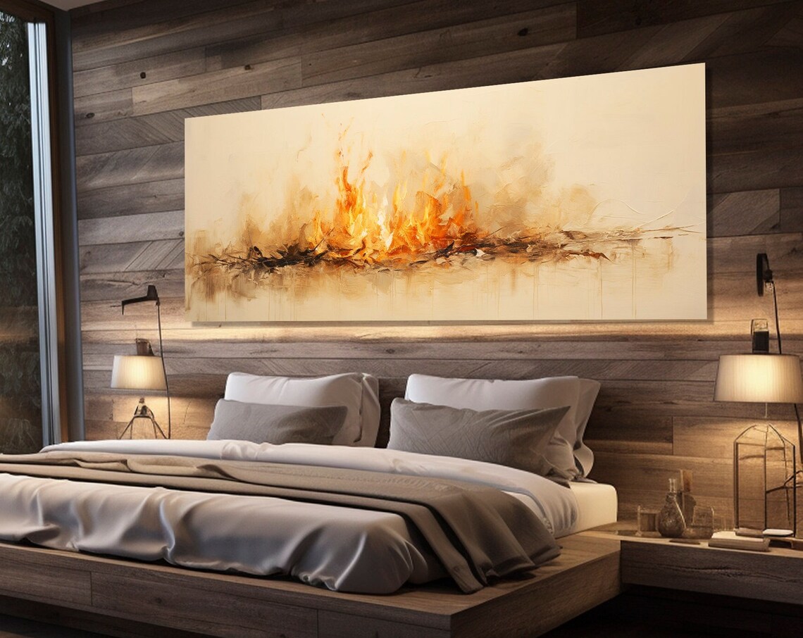 Abstract Burning Fire Print Large Panoramic Wall Art Housewarming Gift Modern Bedroom Wall Decor Framed And Ready To Hang