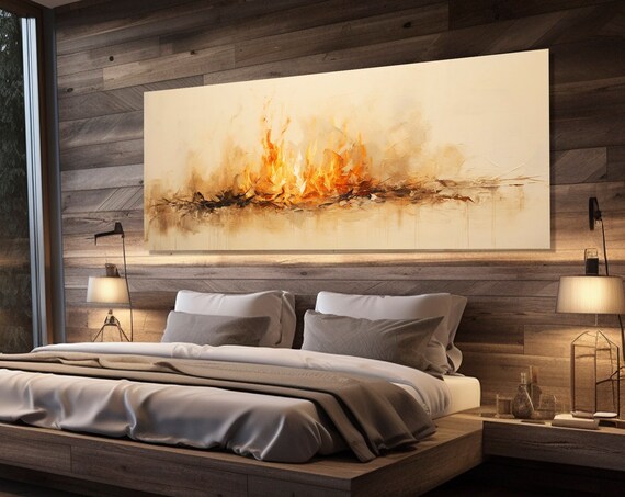 Abstract Burning Fire Print Large Panoramic Wall Art Housewarming Gift Modern Bedroom Wall Decor Framed And Ready To Hang