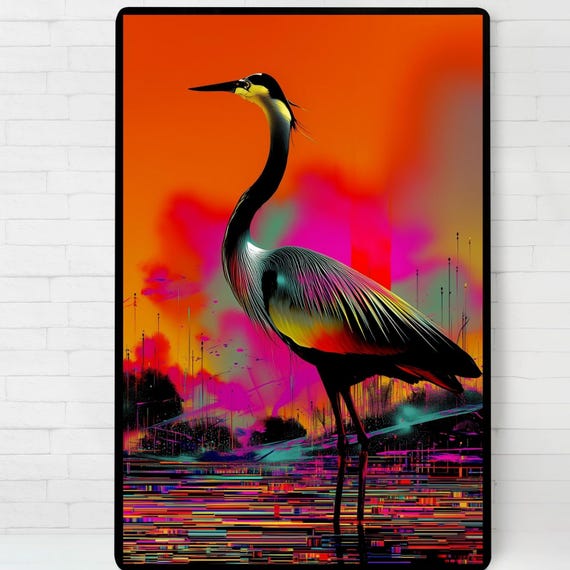 The Radiant Crane Of Colorful Waters Poster Illustration Print Wall Art Instant