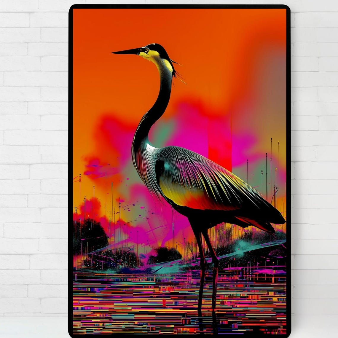 Blue Heron Wading In Neon Water Vibrant Pop Art Bird Style Poster