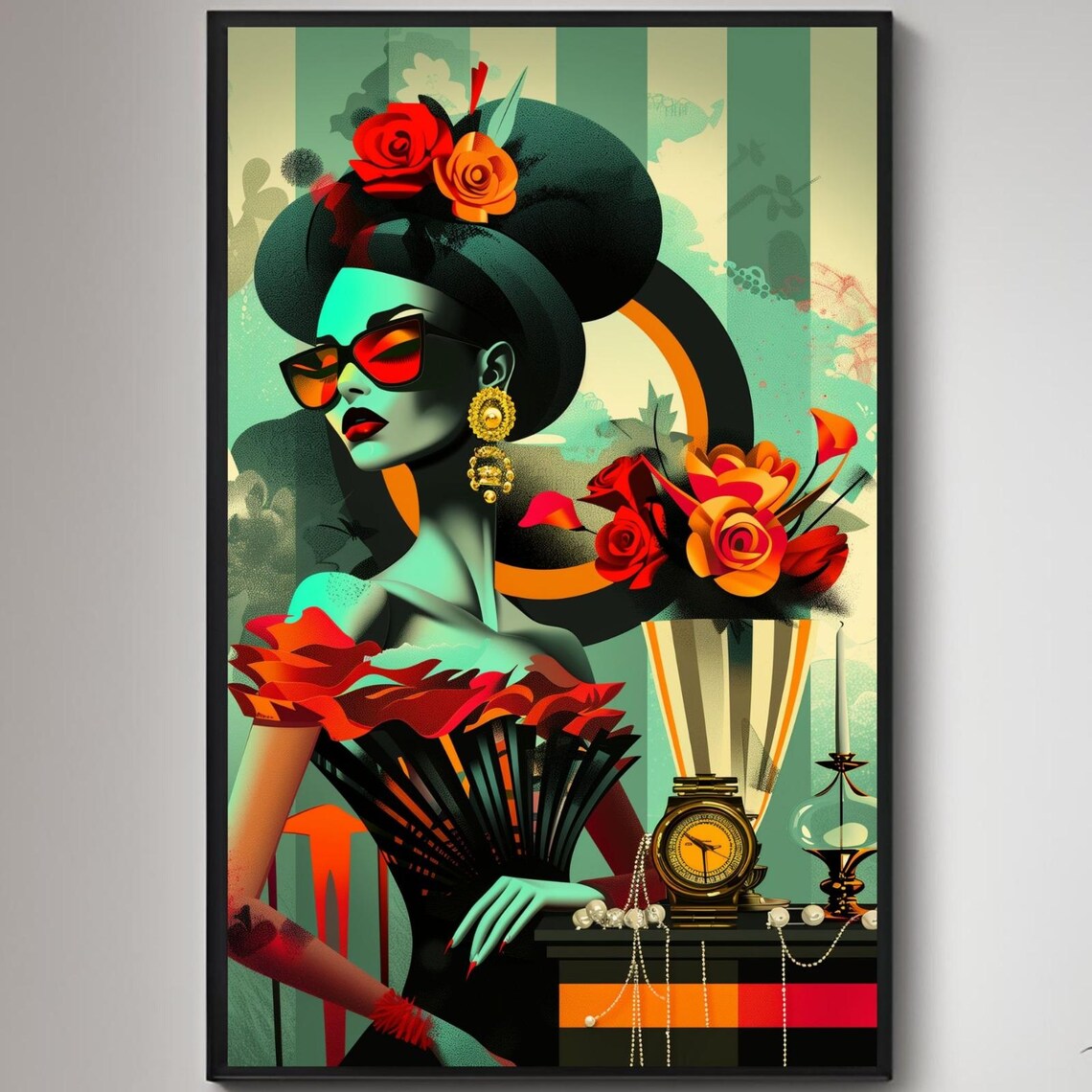 Art Deco Fashionista Lady With Red Sunglasses and Roses Wall Art