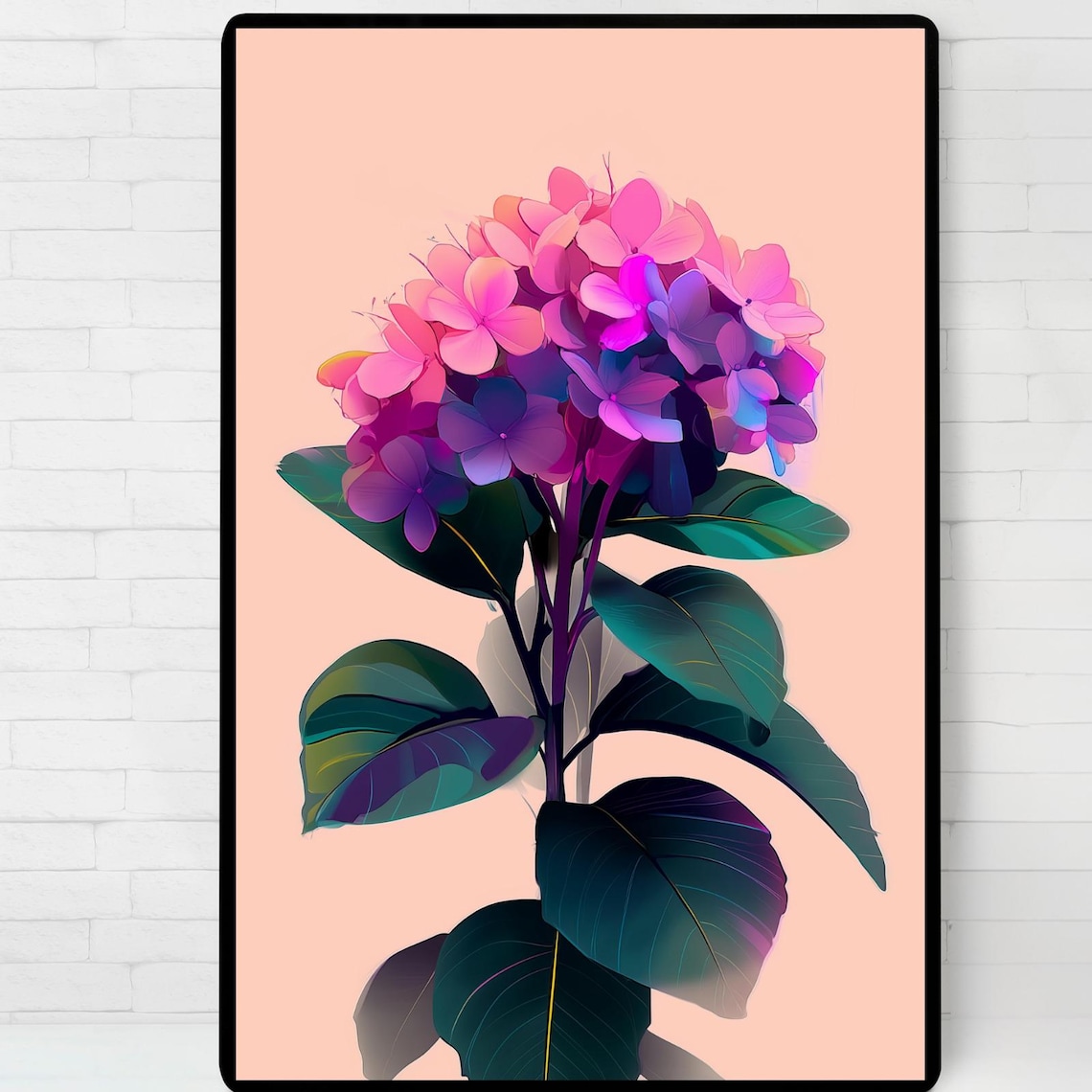 Pink Purple Hydrangea Bloom Minimalist Floral Art Print Peach Background Decor