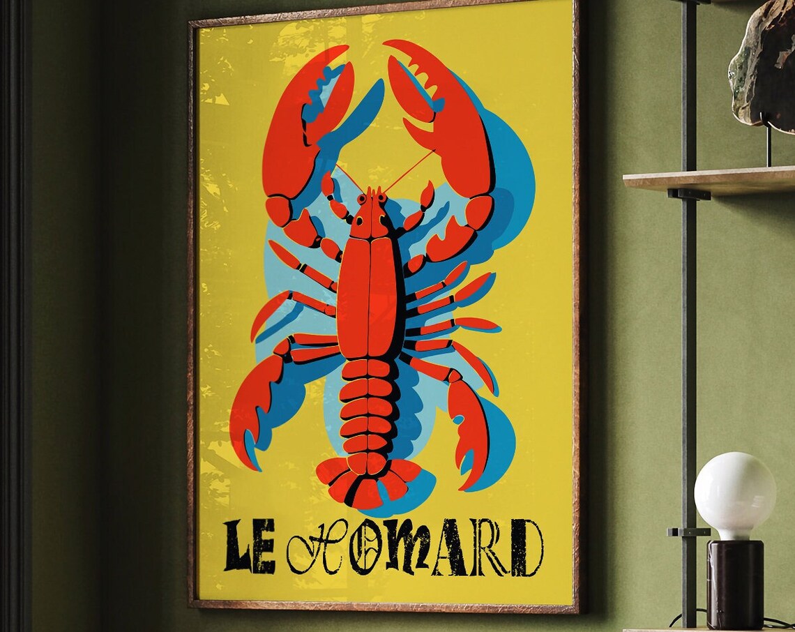 Le Homard Retro Lobster Pop Art Poster with Bold Red and Yellow