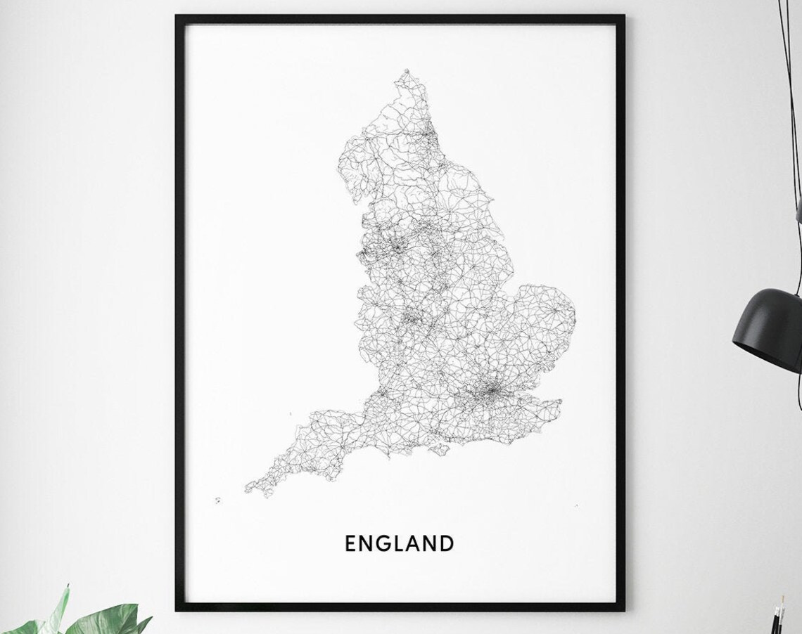 England Map Print, Black And White Modern Poster