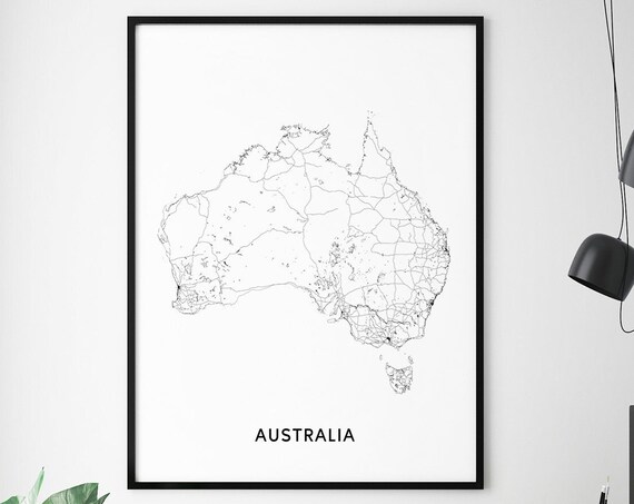 Australia Map Art Print, Black White Contemporary