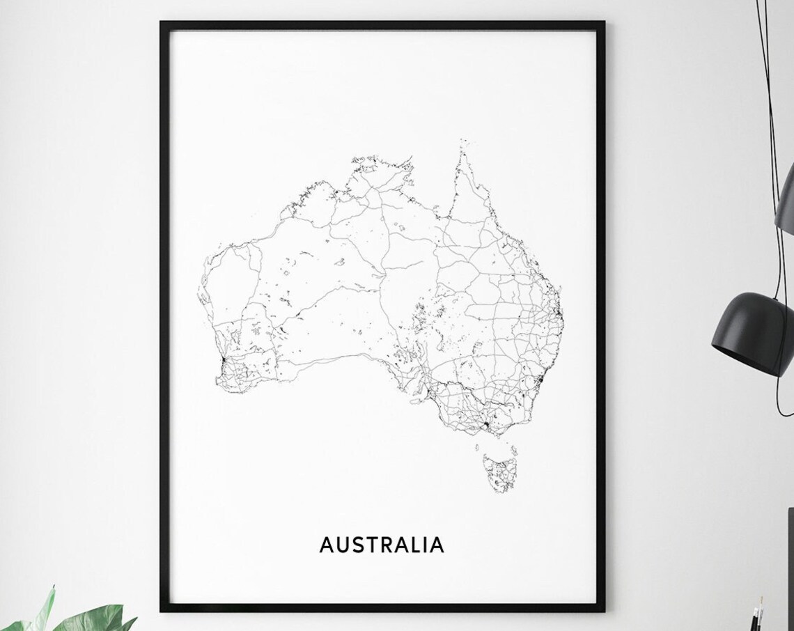 Australia Map Art Print, Black White Contemporary
