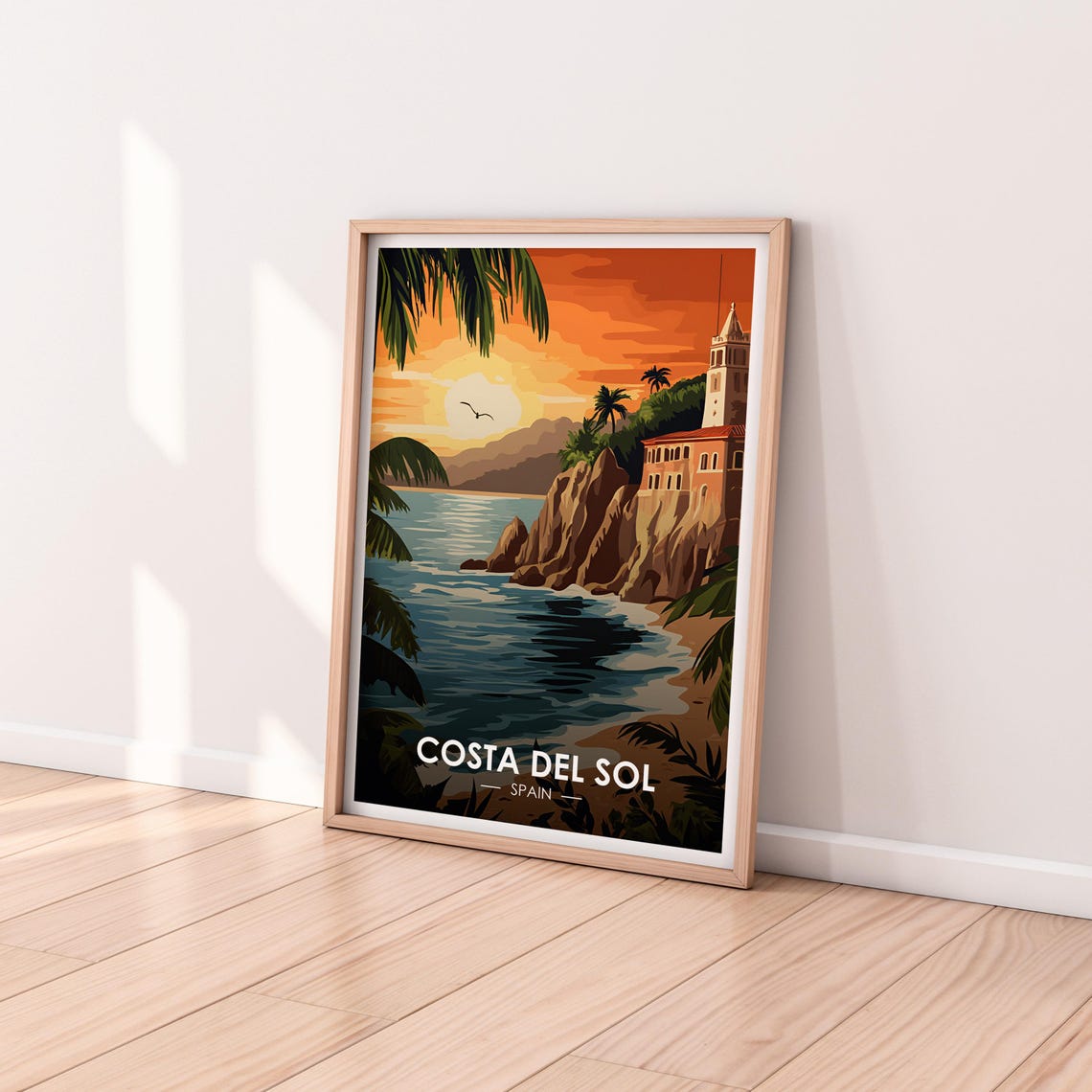 Costa Del Sol Spain Rocky Cliffs Tower Sunset Palm Coast Poster - Image 2
