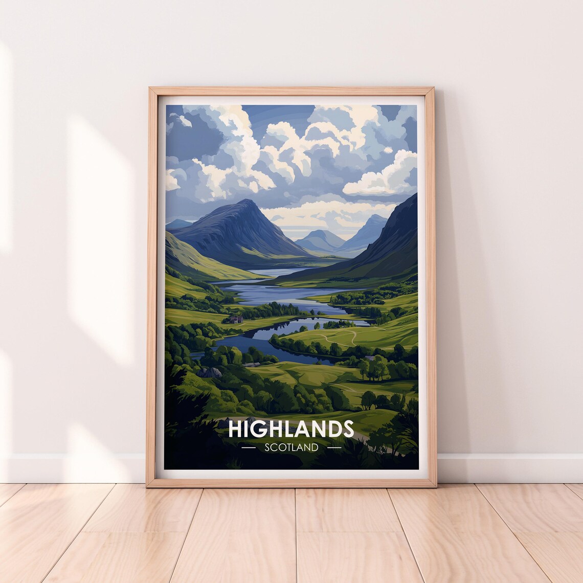 Highlands Scotland Mountain Loch Green Hills Blue Sky Poster