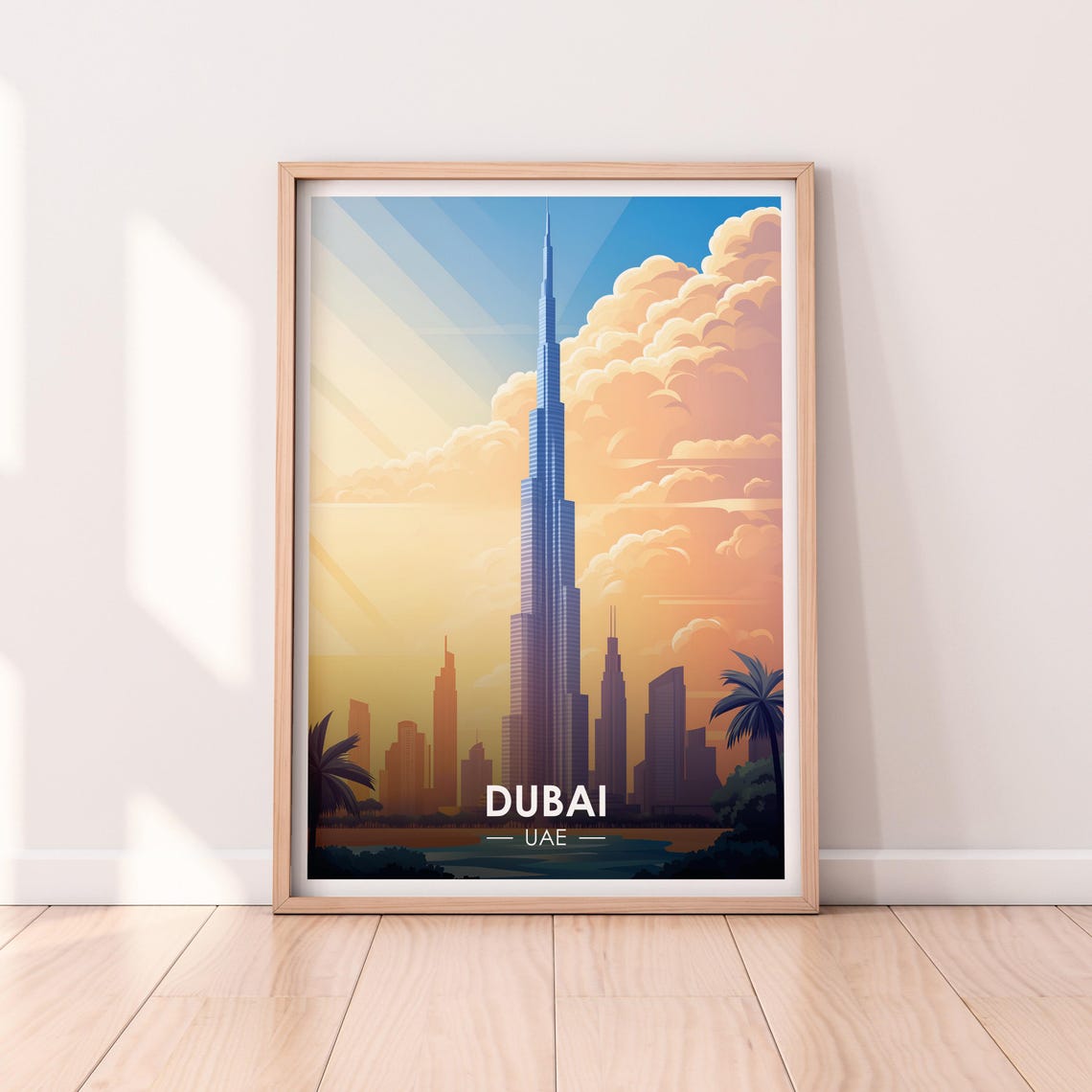 Dubai UAE Burj Khalifa Golden Desert Dawn Skyline Travel Poster
