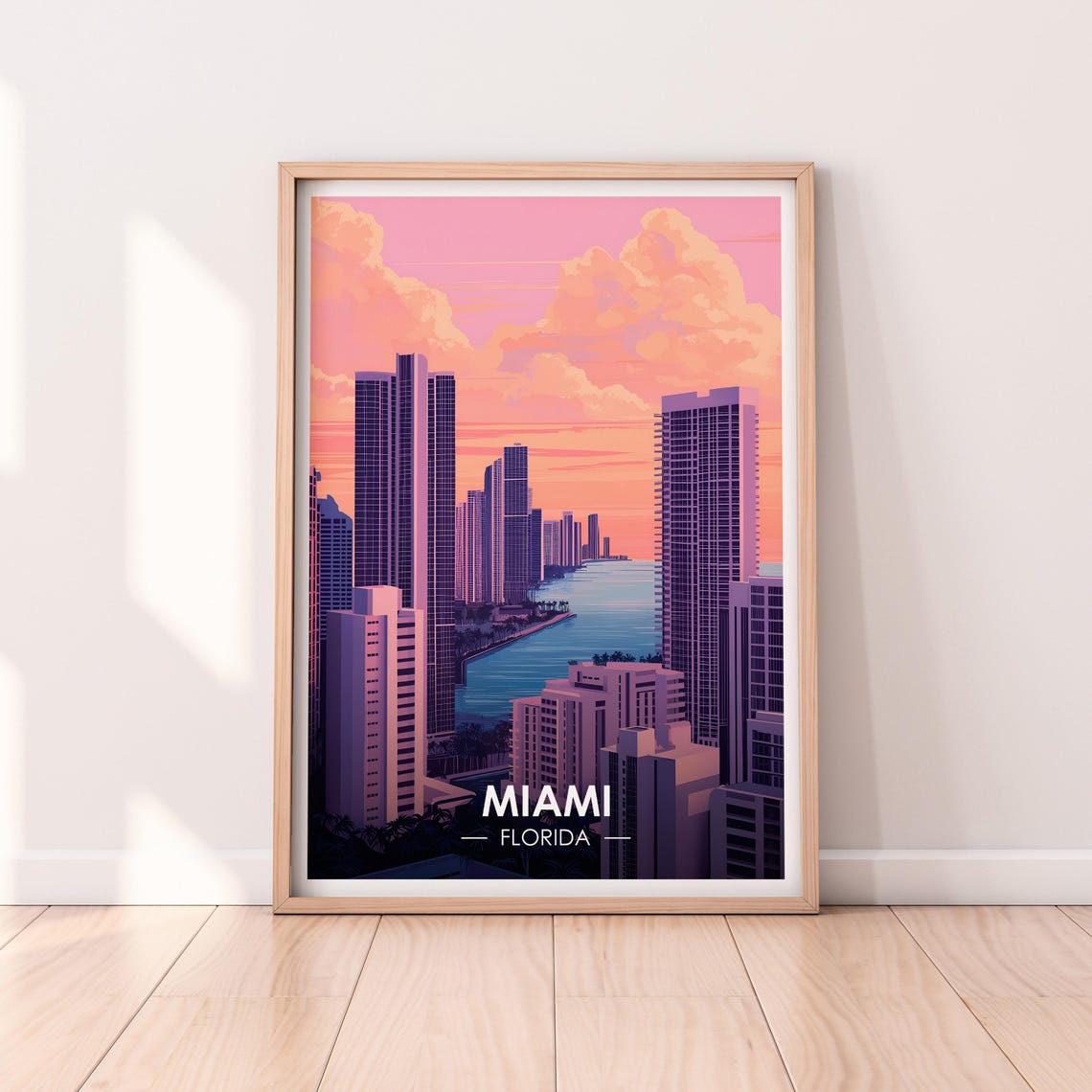 Miami Florida Downtown Skyline Pink Sunset Vintage Travel Poster