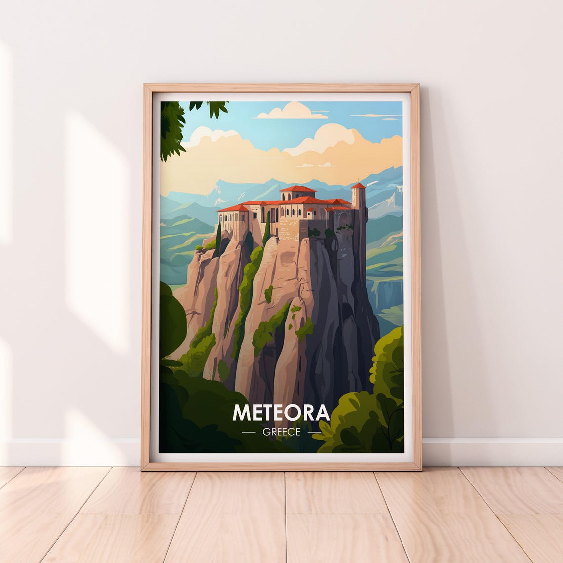 Meteora Greece Monastery On Rock Pillar Morning Travel Poster