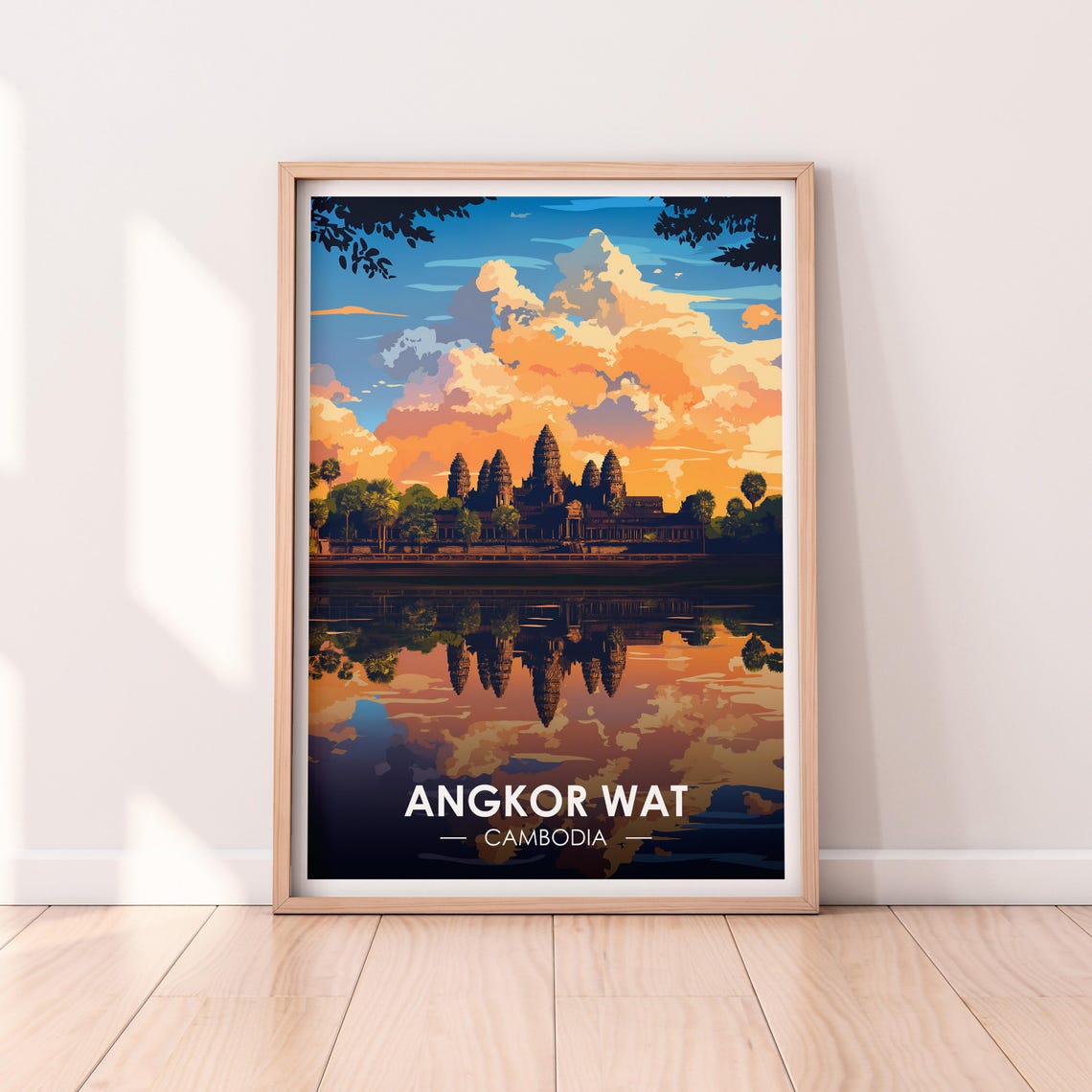 Angkor Wat Cambodia Temple Reflection Sunset Water Glow Poster