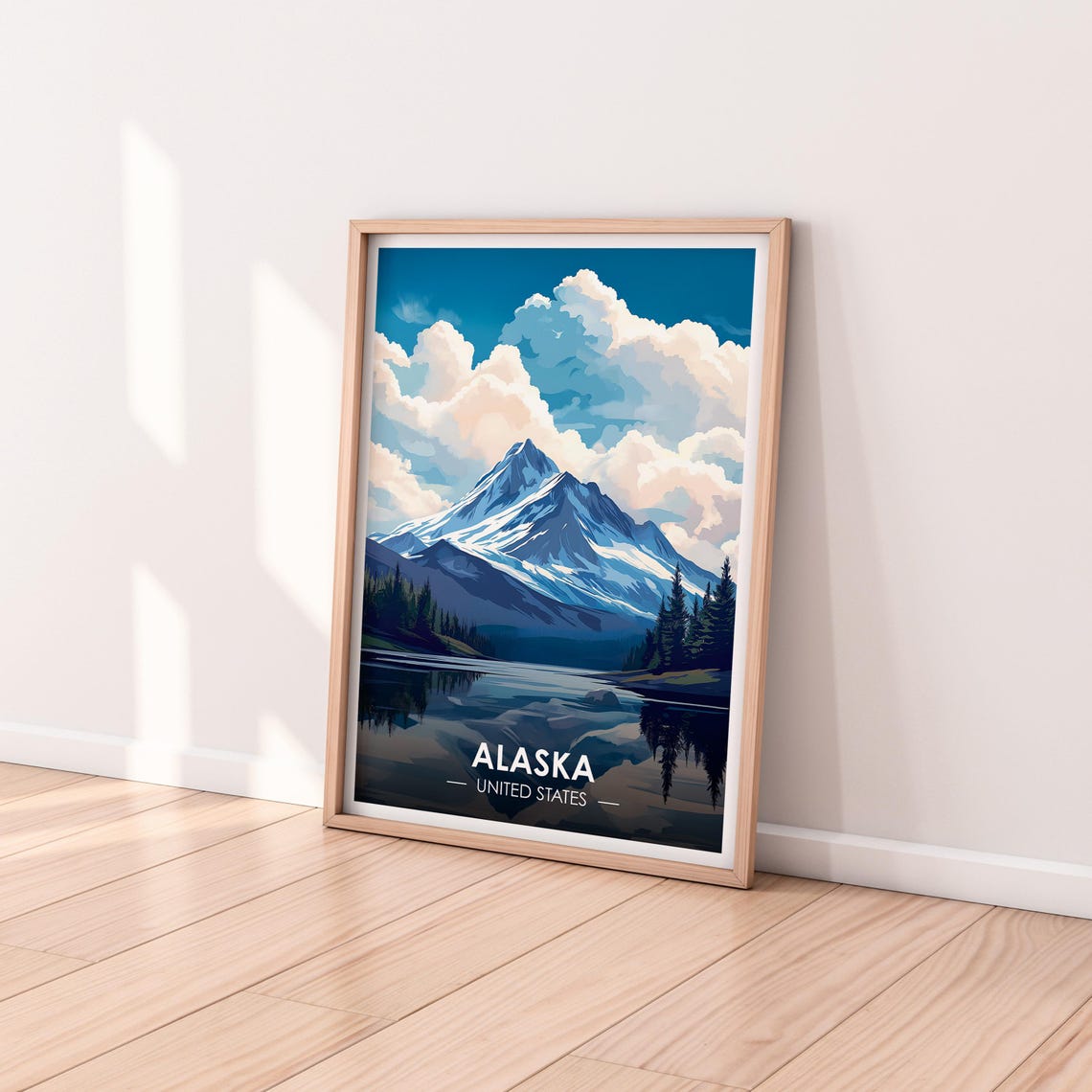 Alaska Snow Peak Mirror Lake Blue Sky Pine Forest Travel Poster - Image 2