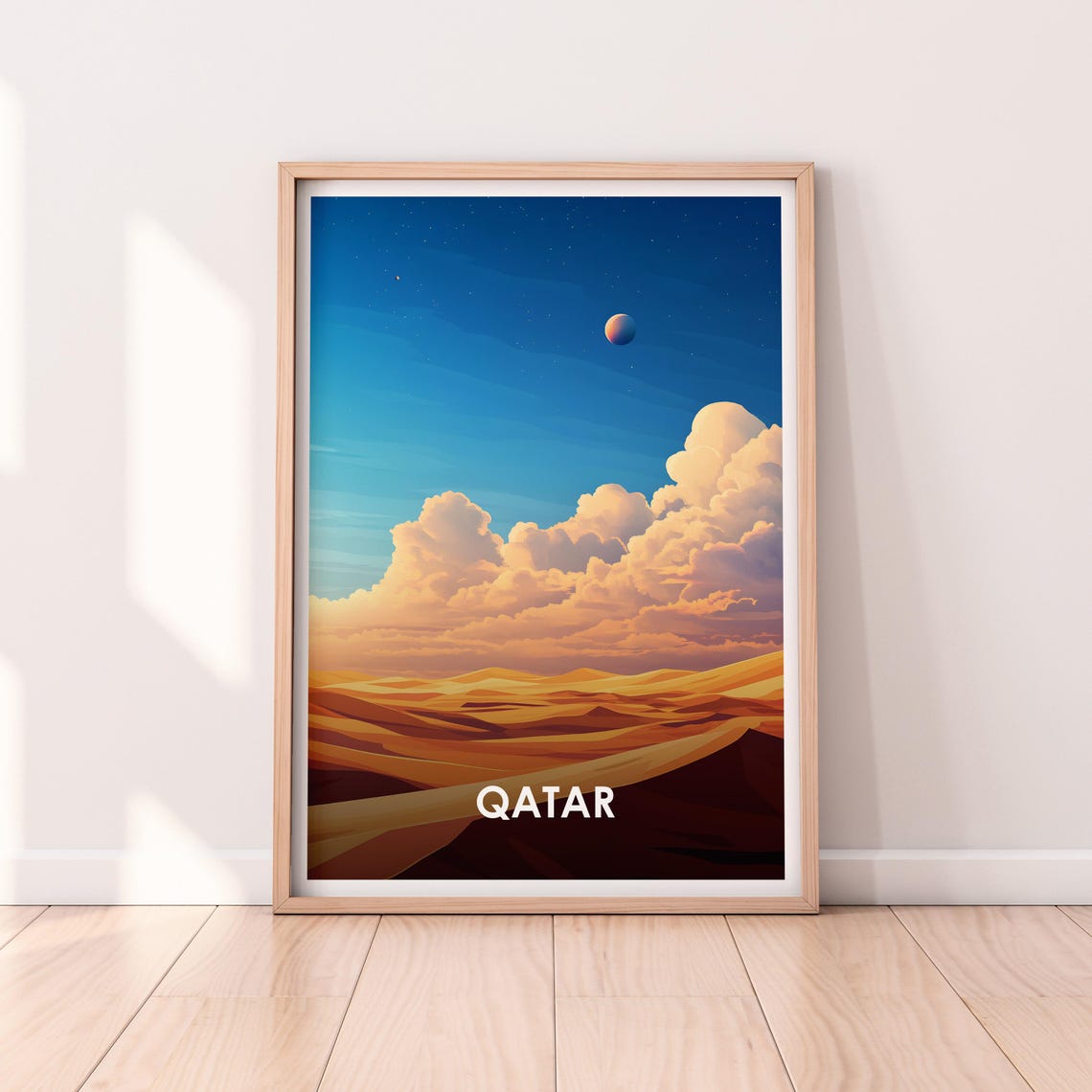 Qatar Desert Dunes Night Starry Moonlit Sky Landscape Poster