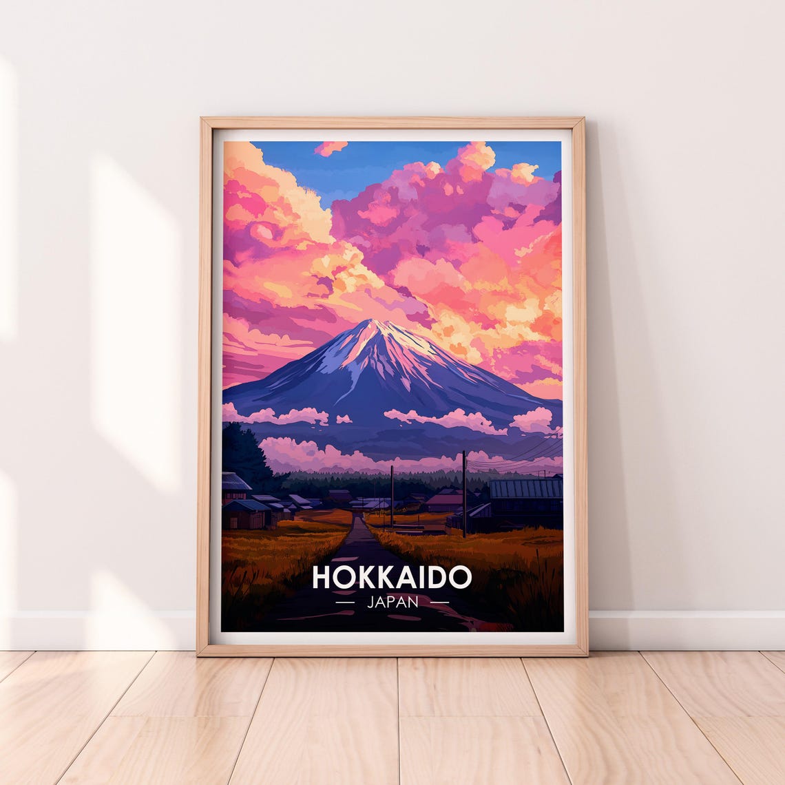 Hokkaido Japan Snow Capped Mountain Fields Village Sunset Poster