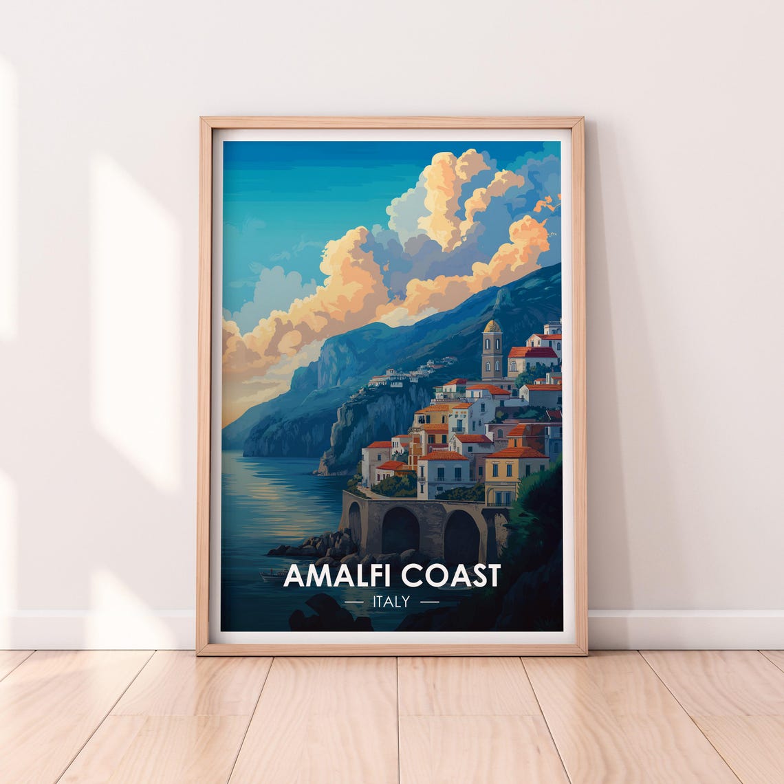 Amalfi Coast Italy Sunset Over Old Coastal Village Travel Poster