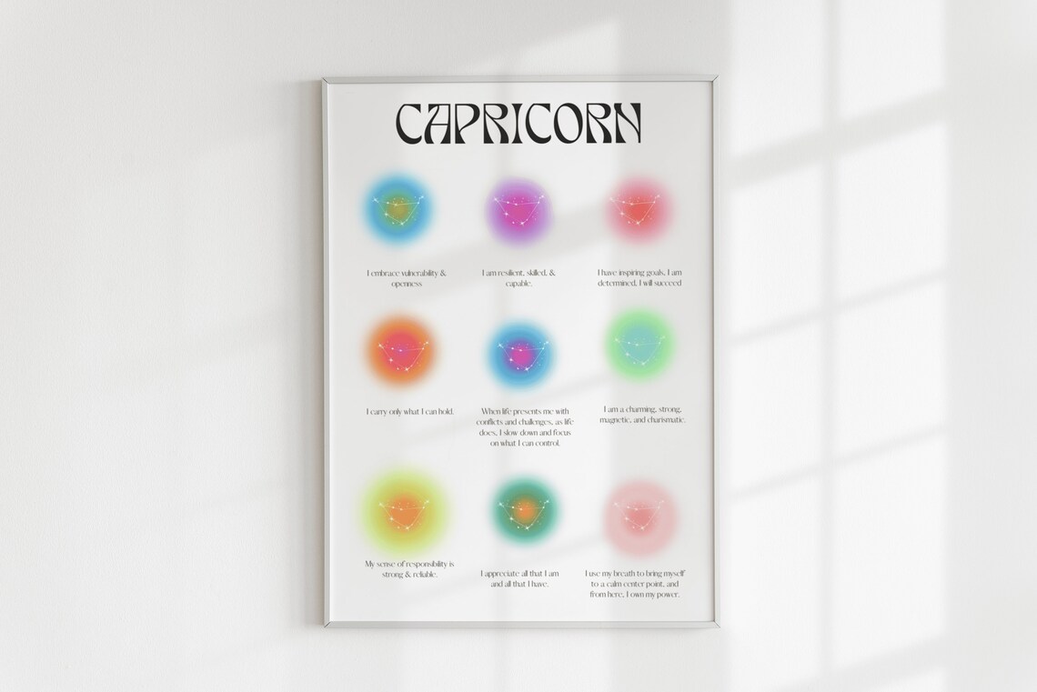 Capricorn Zodiac Affirmation Aura Grid Poster for Spiritual Birthday Gift