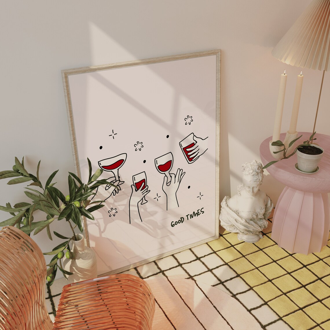 Good Times Cheers Wine Glasses Minimalist Doodle Bar Party Wall Poster