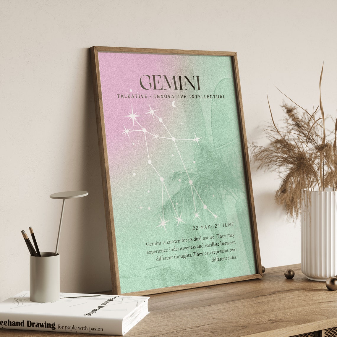 Gemini Constellation Pink Green Gradient Zodiac Star Sign Aura Poster
