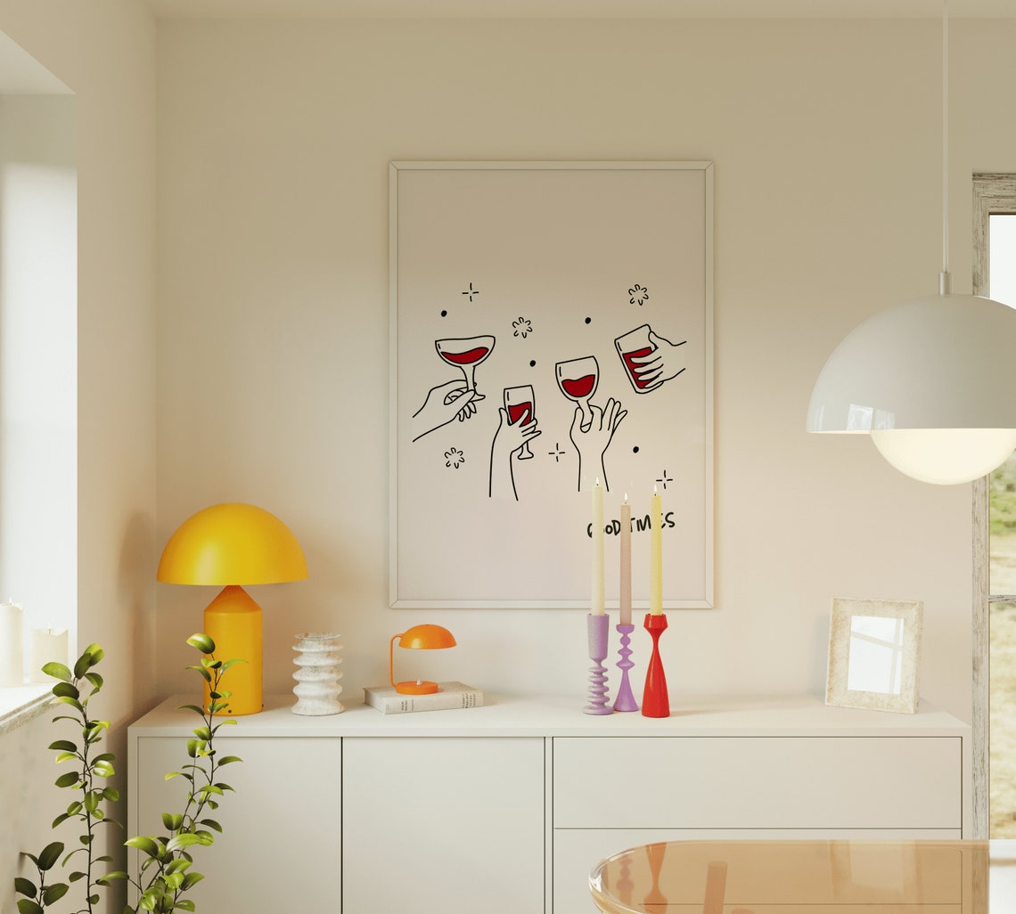 Good Times Cheers Wine Glasses Minimalist Doodle Bar Party Wall Poster - Image 3