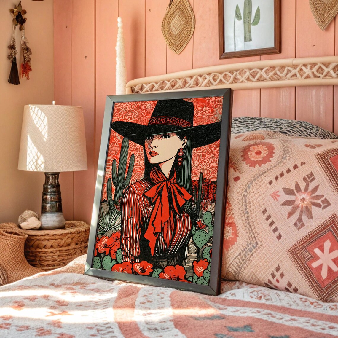 Cowgirl in Desert Cactus Garden Poster Red and Black Western Art