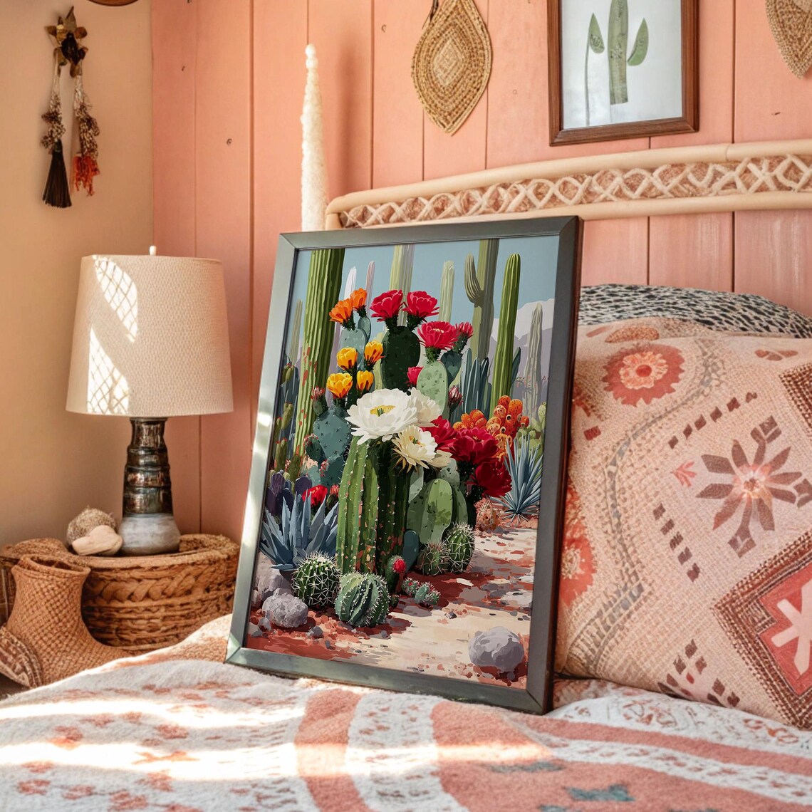 Blooming Cactus Garden Poster, Colorful Desert Botanical Painting Art