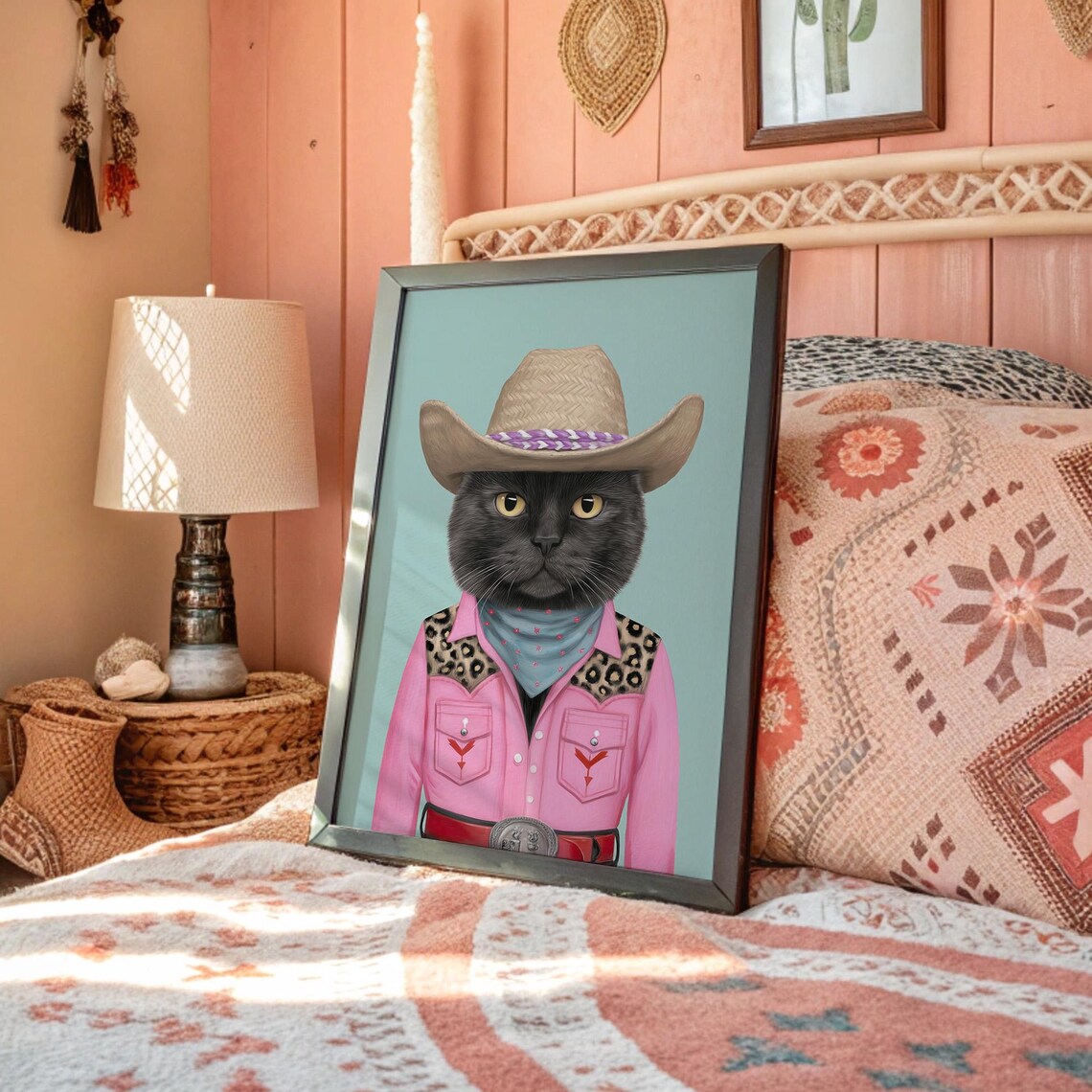 Cowboy Cat in Pink Western Outfit Art Print
