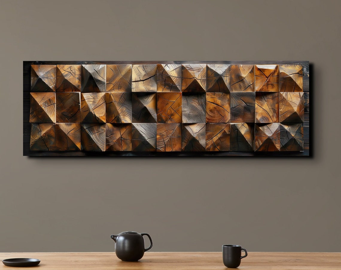 Star Pattern Carved Wooden Blocks Rustic Panoramic Art Poster - Image 7