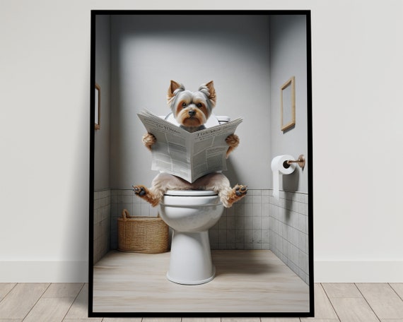 Photograph Of A Yorkshire Reading The Newspaper On The Toilet Funny Bathroom Decor Bathroom Wall Art Wc Toilet Poster Unique Funny Gift
