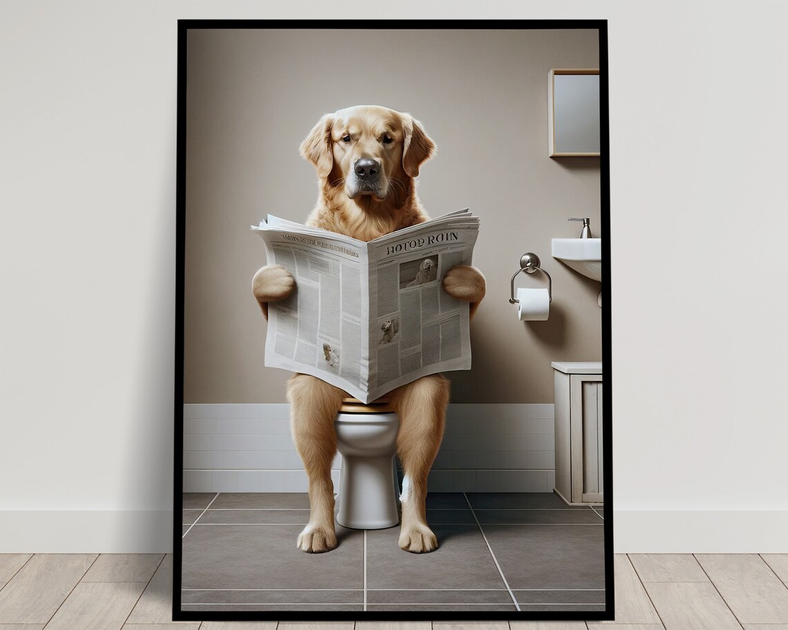 Golden Retriever Reading Newspaper Bathroom Poster