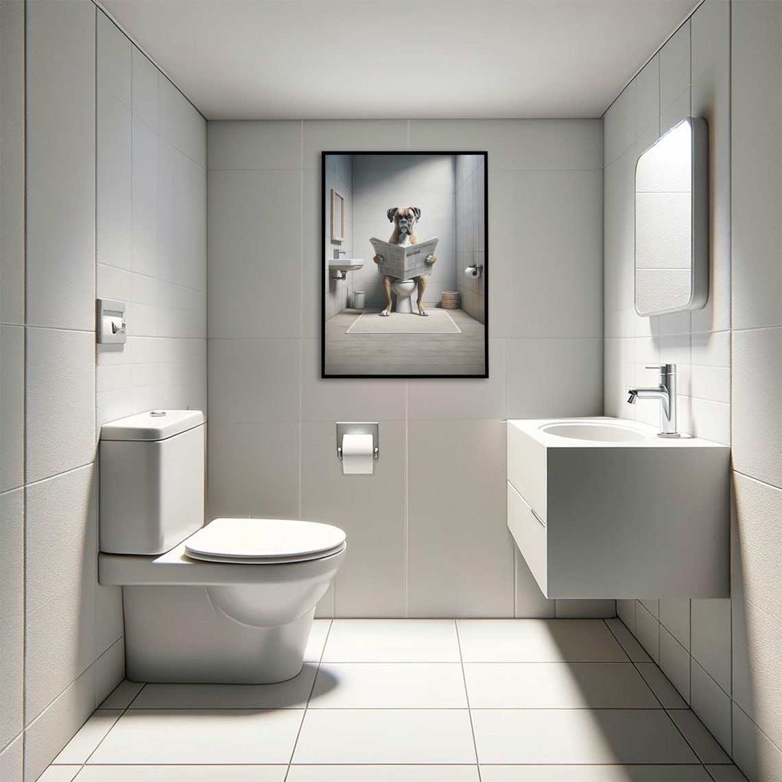 Funny Boxer Dog Reading Newspaper On Toilet Bathroom Humor Poster - Image 4