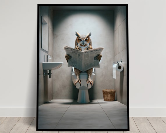 Photograph Of An Owl Reading The Newspaper On The Toilet Funny Bathroom Decor Bathroom Wall Art Wc Toilet Poster Unique Funny Gift
