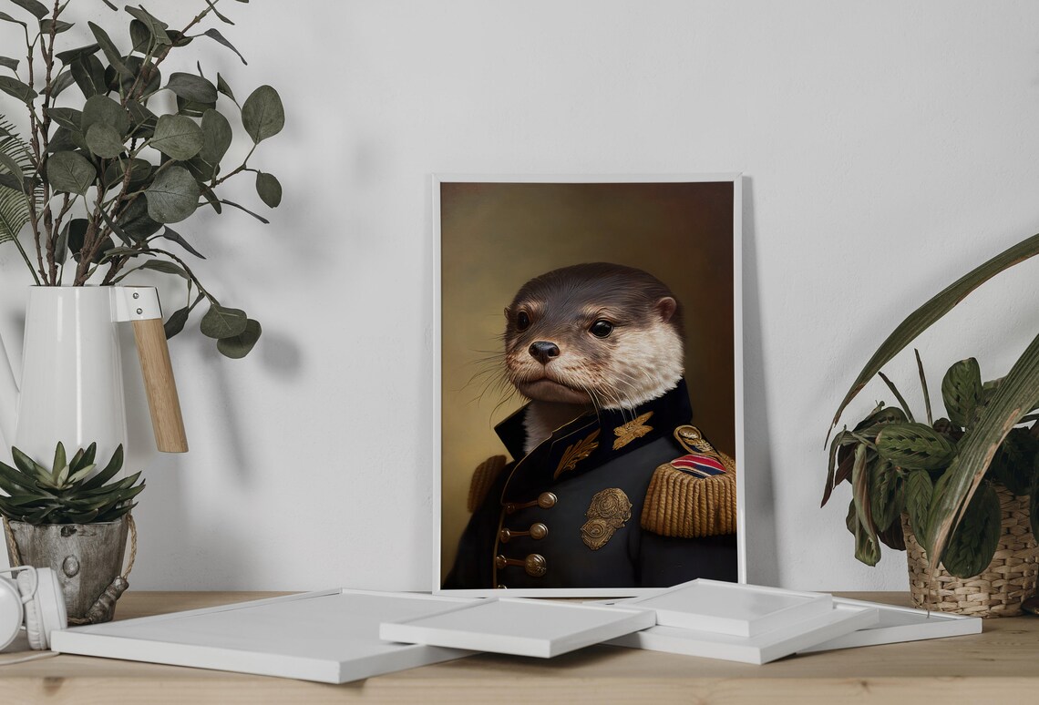 Portrait Of An Otter In Military Uniform Art Print - Image 3