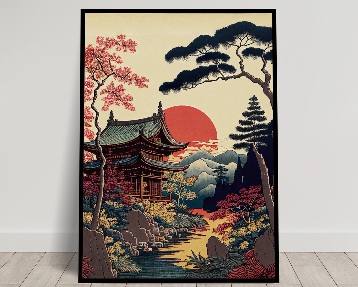 Japanese Temple, Rural Landscape Travel Poster