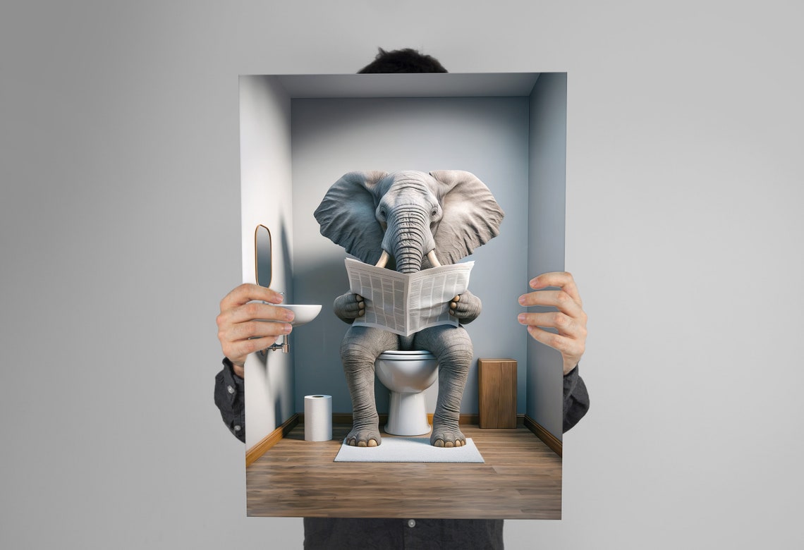 Elephant Reading Newspaper While Sitting on the Toilet Funny Poster - Image 3
