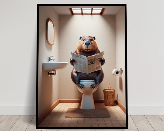 Photograph Of A Beaver Reading The Newspaper On The Toilet Funny Bathroom Decor Bathroom Wall Art Wc Toilet Poster Unique Gag Gift